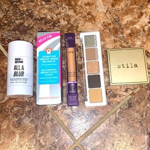 Primers, STILLA highlighter, TARTE shape tape, Natasha Denona eyeshadow pallet.